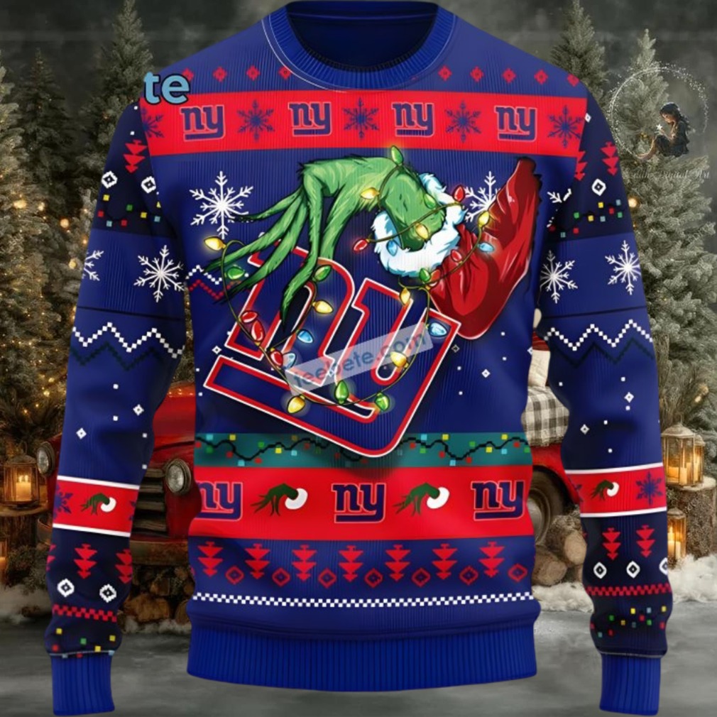 New York Giants The Grinch Hand Ugly Christmas Sweater Womens Blue Red New York Giants The Grinch Hand Ugly Christmas Sweater Womens Blue Red