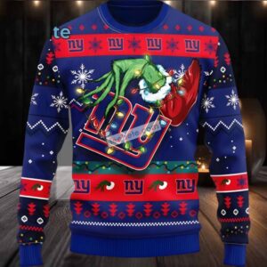 New York Giants The Grinch Hand Ugly Christmas Sweater Womens Blue Red