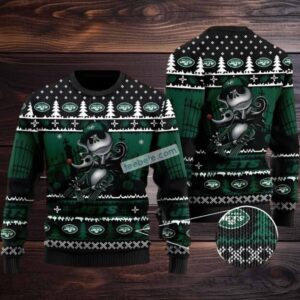 New York Jets Jack Skellington Ugly Christmas Sweater Adults Black Green