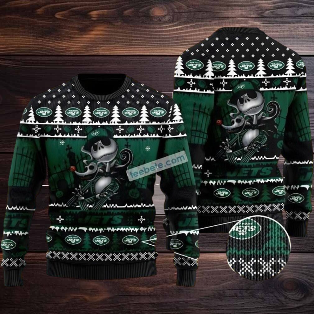 New York Jets Jack Skellington Ugly Christmas Sweater Adults Black Green New York Jets Jack Skellington Ugly Christmas Sweater Adults Black Green