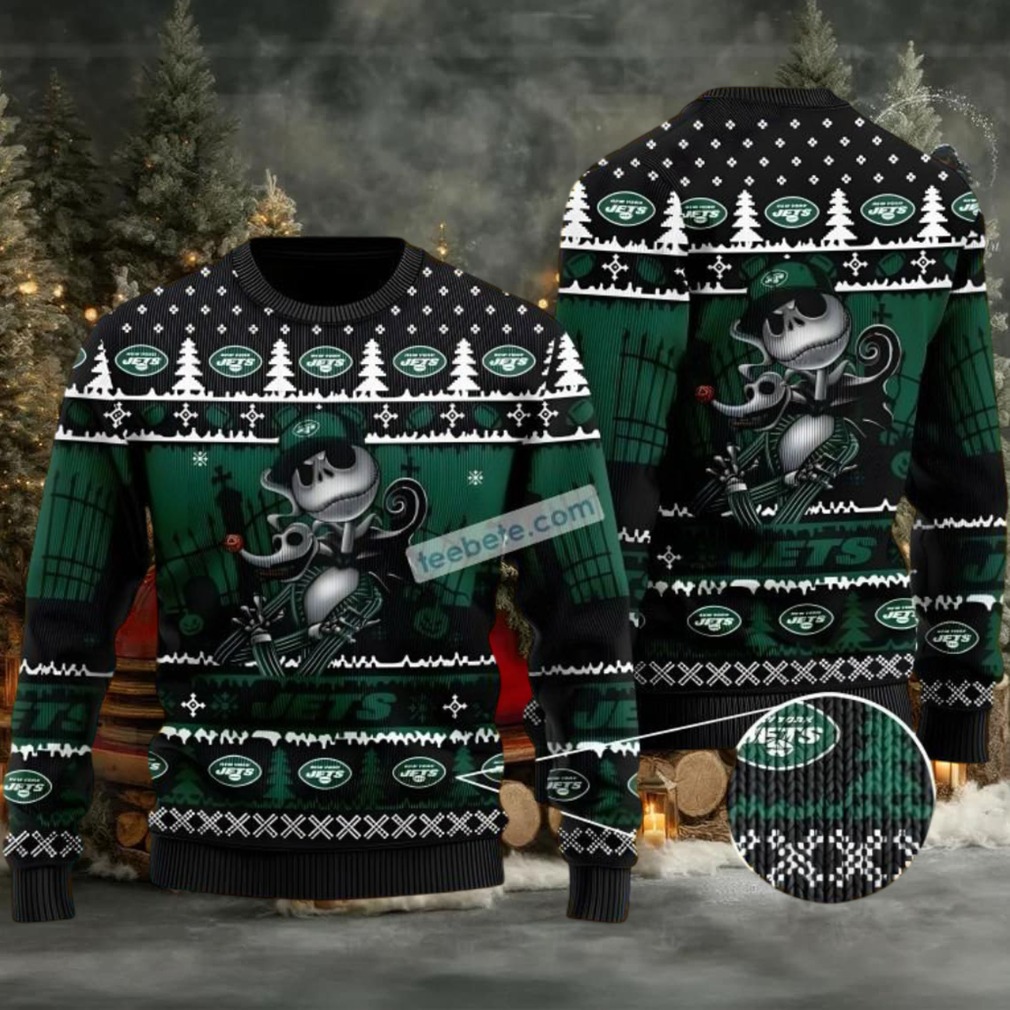 New York Jets Jack Skellington Ugly Christmas Sweater Adults Black Green New York Jets Jack Skellington Ugly Christmas Sweater Adults Black Green