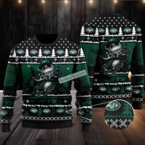 New York Jets Jack Skellington Ugly Christmas Sweater Adults Black Green