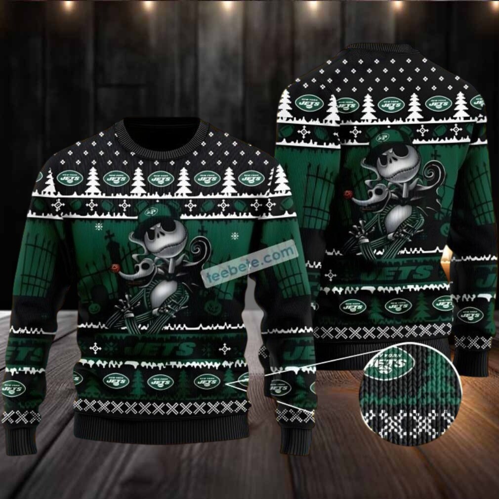 New York Jets Jack Skellington Ugly Christmas Sweater Adults Black Green New York Jets Jack Skellington Ugly Christmas Sweater Adults Black Green
