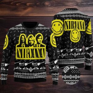 Nirvana Band Photo With Logo Classic Black Ugly Christmas Sweater Nirvana Band Photo With Logo Classic Black Ugly Christmas Sweater
