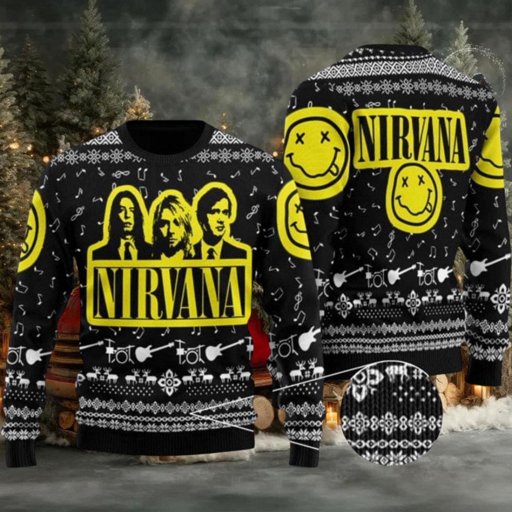 Nirvana Band Photo With Logo Classic Black Ugly Christmas Sweater Nirvana Band Photo With Logo Classic Black Ugly Christmas Sweater