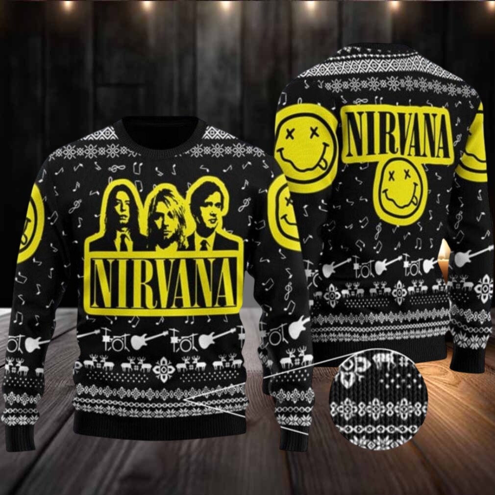 Nirvana Band Photo With Logo Classic Black Ugly Christmas Sweater Nirvana Band Photo With Logo Classic Black Ugly Christmas Sweater
