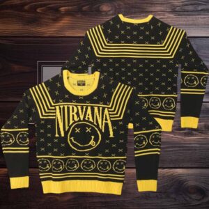 Nirvana Smiley Big Logo Signature Black And Yellow Ugly Christmas Sweater
