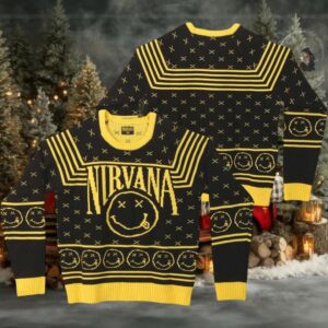 Nirvana Smiley Big Logo Signature Black And Yellow Ugly Christmas Sweater