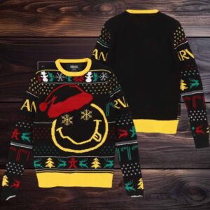Nirvana Smiley Face Big Logo With Santa Hat Holiday Vibe Ugly Christmas Sweater