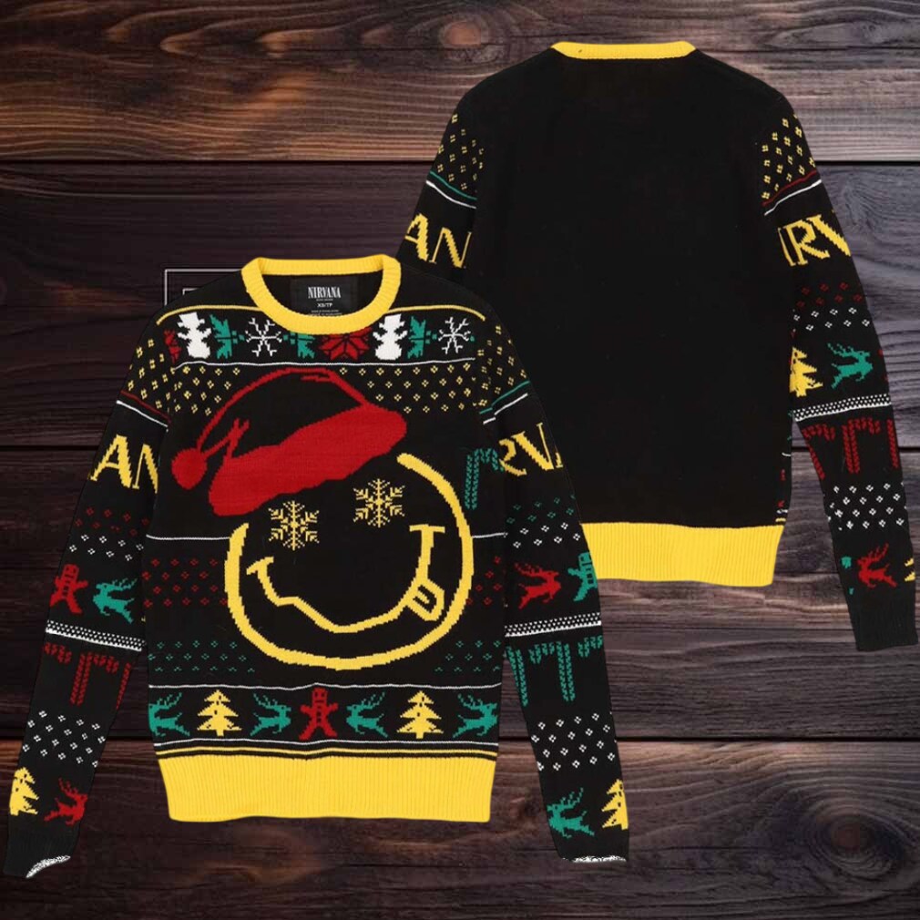 Nirvana Smiley Face Big Logo With Santa Hat Holiday Vibe Ugly Christmas Sweater Nirvana Smiley Face Big Logo With Santa Hat Holiday Vibe Ugly Christmas Sweater