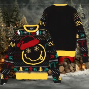 Nirvana Smiley Face Big Logo With Santa Hat Holiday Vibe Ugly Christmas Sweater