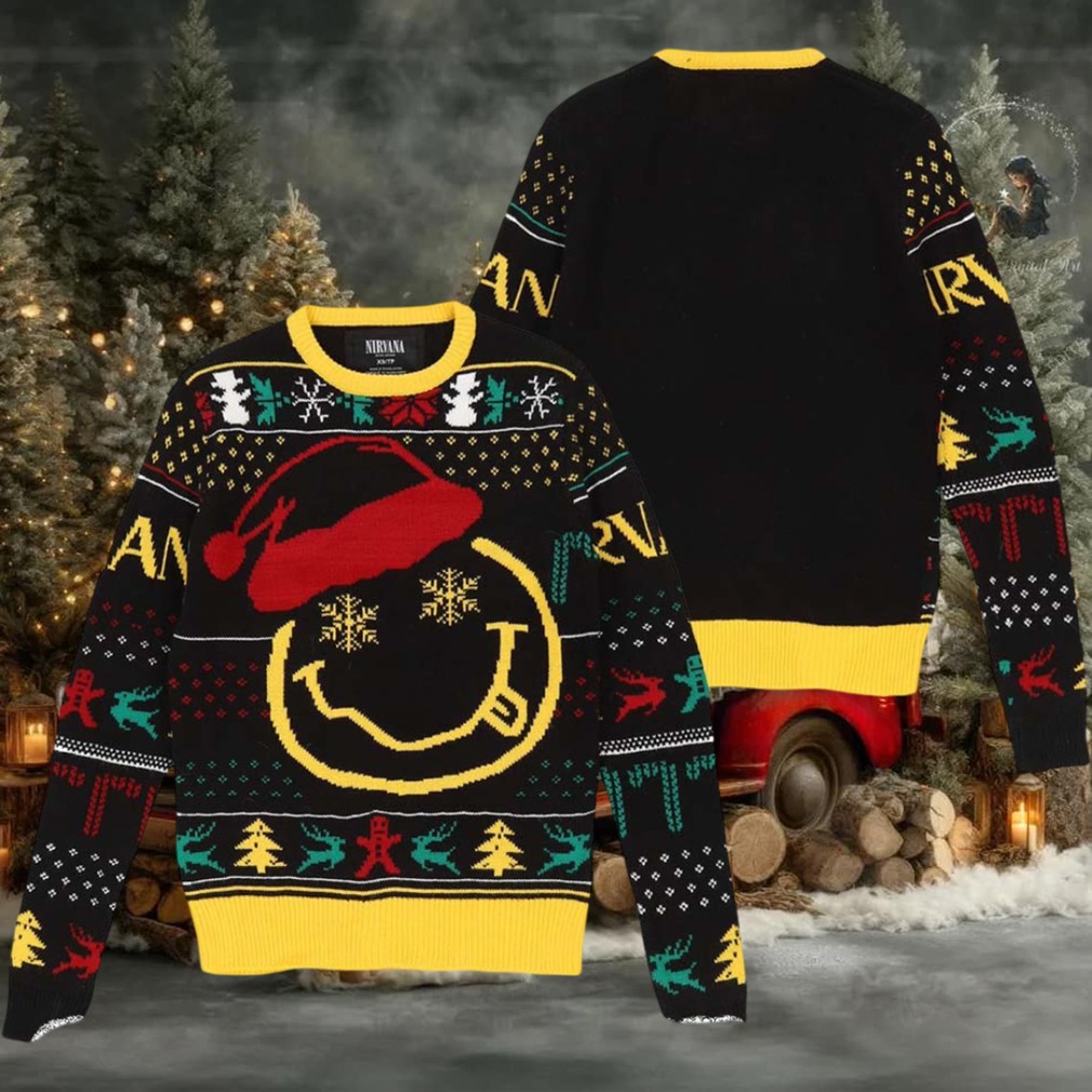 Nirvana Smiley Face Big Logo With Santa Hat Holiday Vibe Ugly Christmas Sweater Nirvana Smiley Face Big Logo With Santa Hat Holiday Vibe Ugly Christmas Sweater