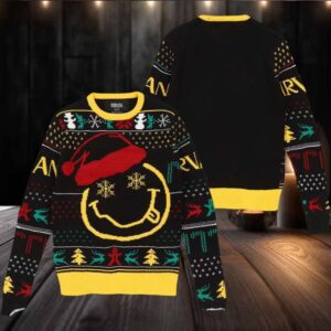 Nirvana Smiley Face Big Logo With Santa Hat Holiday Vibe Ugly Christmas Sweater