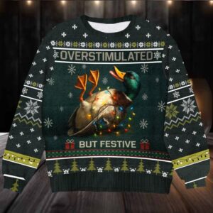 Overstimulated But Festive Duck Ugly Christmas Sweater, Funny Mallard Wrapped in Lights Pullover, Duck Hunter Gift Holiday Party Knit Jumper