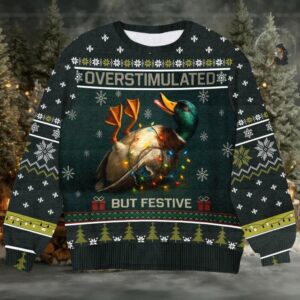 Overstimulated But Festive Duck Ugly Christmas Sweater, Funny Mallard Wrapped in Lights Pullover, Duck Hunter Gift Holiday Party Knit Jumper