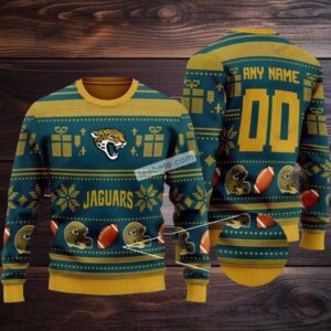 Personalized Jacksonville Jaguars Logo Pattern Ugly Xmas Sweater Yellow