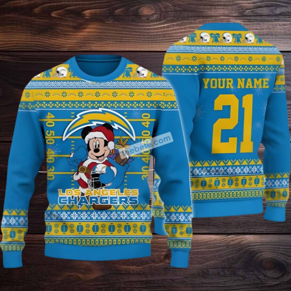 Personalized Los Angeles Chargers Mickey Santa Cool Ugly Christmas Sweater Blue Personalized Los Angeles Chargers Mickey Santa Cool Ugly Christmas Sweater Blue