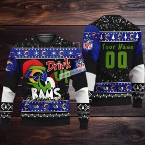 Personalized Los Angeles Rams Grinch Hat Cute Ugly Christmas Sweater Blue Black