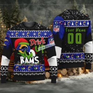 Personalized Los Angeles Rams Grinch Hat Cute Ugly Christmas Sweater Blue Black