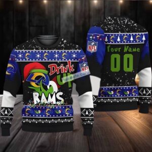 Personalized Los Angeles Rams Grinch Hat Cute Ugly Christmas Sweater Blue Black
