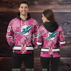 Personalized Miami Dolphins Breast Cancer 3D Hoodie Pink White Mens