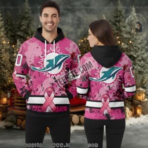 Personalized Miami Dolphins Breast Cancer 3D Hoodie Pink White Mens