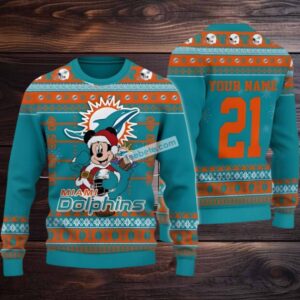 Personalized Miami Dolphins Mickey Santa Ugly Christmas Sweater Blue