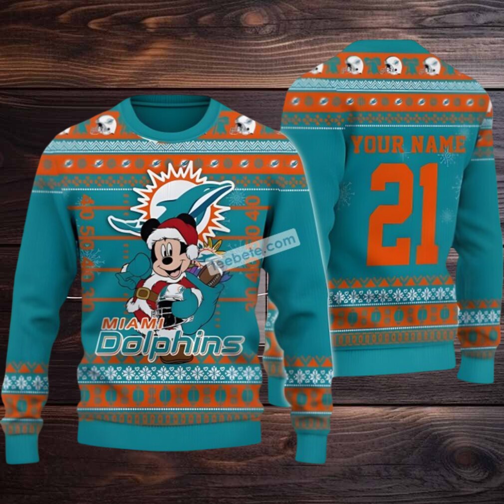 Personalized Miami Dolphins Mickey Santa Ugly Christmas Sweater Blue