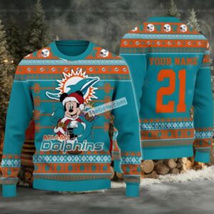Personalized Miami Dolphins Mickey Santa Ugly Christmas Sweater Blue