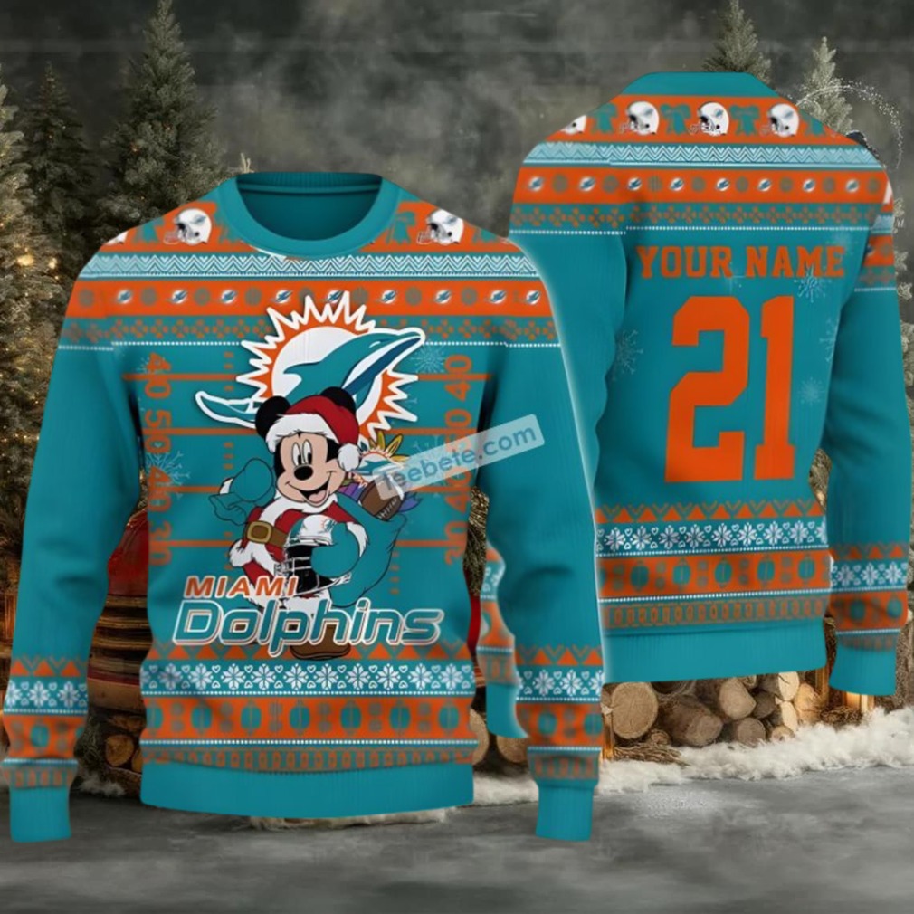 Personalized Miami Dolphins Mickey Santa Ugly Christmas Sweater Blue