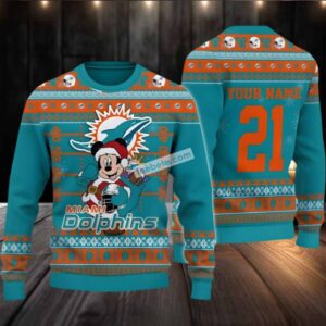 Personalized Miami Dolphins Mickey Santa Ugly Christmas Sweater Blue
