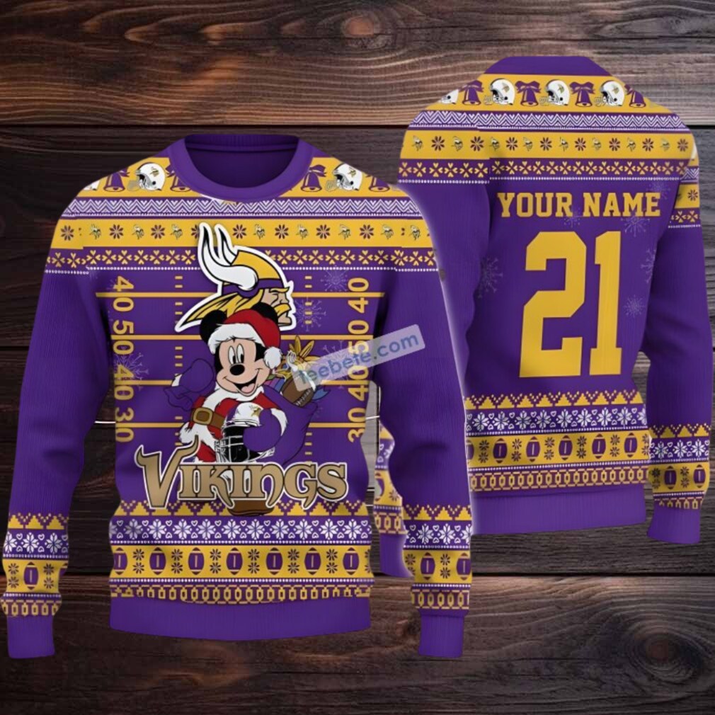 Personalized Minnesota Vikings Mickey Mouse Santa Ugly Christmas Sweaters Purple Personalized Minnesota Vikings Mickey Mouse Santa Ugly Christmas Sweaters Purple