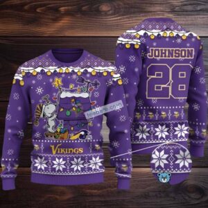 Personalized Minnesota Vikings Snoopy Ugly Christmas Sweater Purple Ladies
