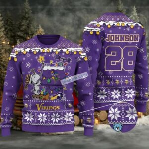 Personalized Minnesota Vikings Snoopy Ugly Christmas Sweater Purple Ladies