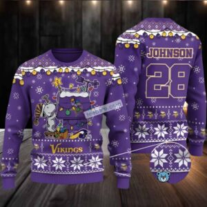 Personalized Minnesota Vikings Snoopy Ugly Christmas Sweater Purple Ladies