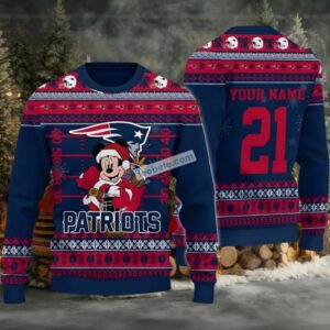 Personalized New England Patriots Mickey Mouse Santa Ugly Christmas Sweaters Blue