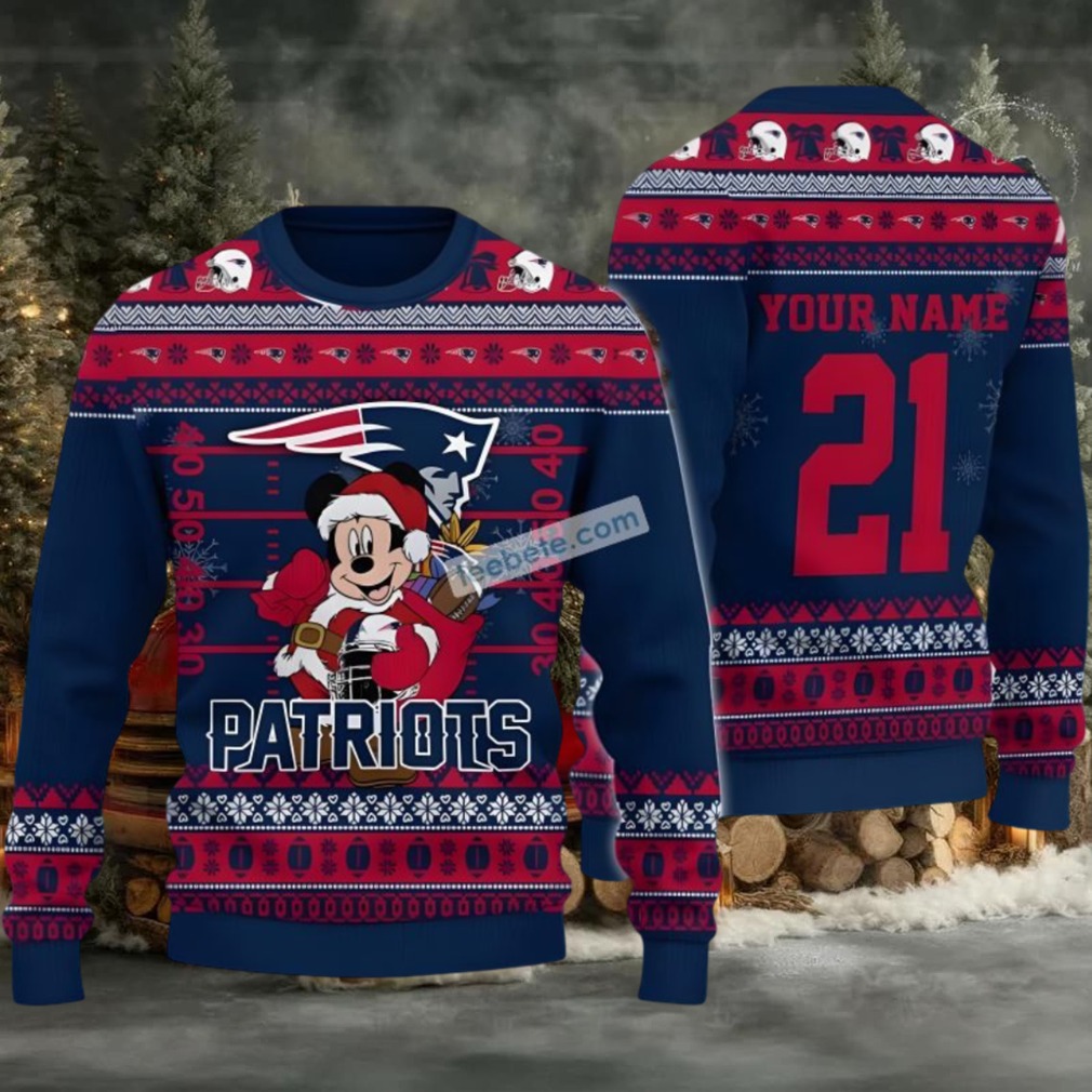 Personalized New England Patriots Mickey Mouse Santa Ugly Christmas Sweaters Blue Personalized New England Patriots Mickey Mouse Santa Ugly Christmas Sweaters Blue