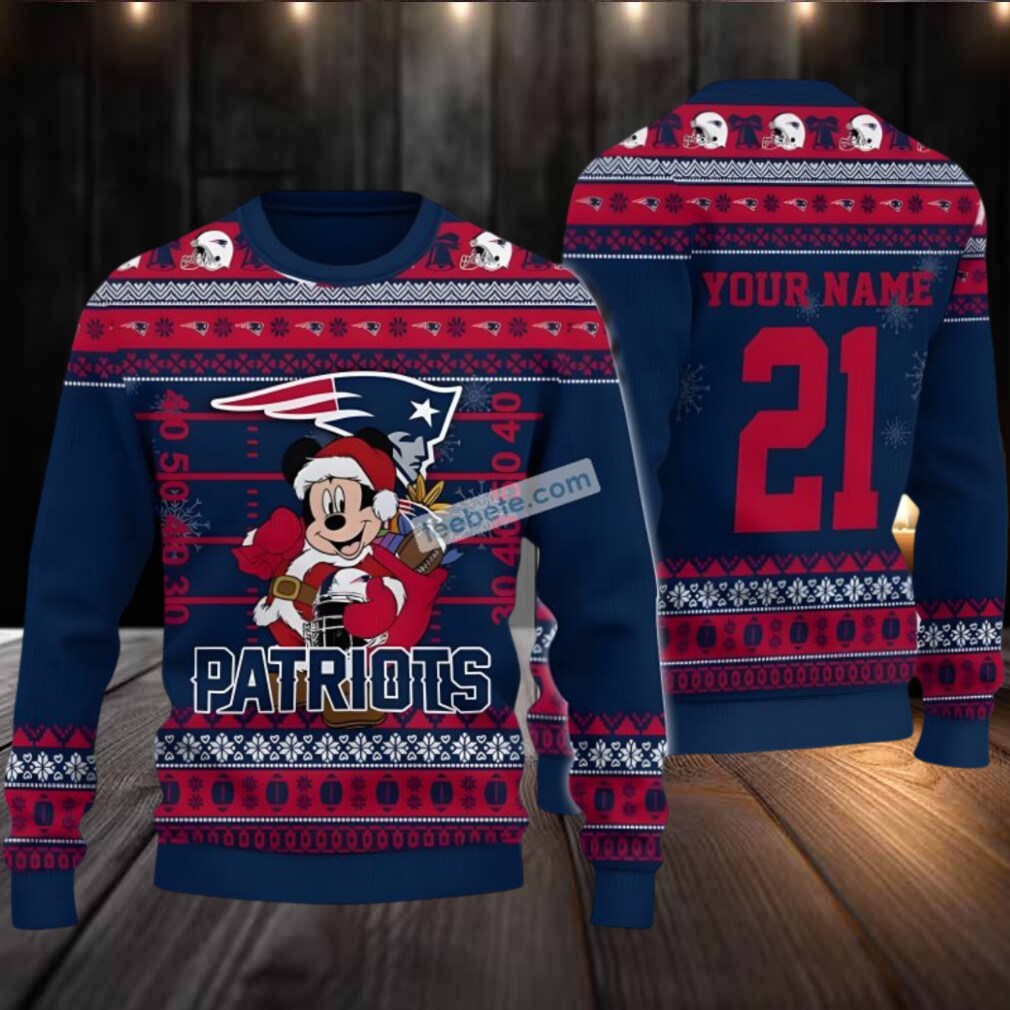 Personalized New England Patriots Mickey Mouse Santa Ugly Christmas Sweaters Blue Personalized New England Patriots Mickey Mouse Santa Ugly Christmas Sweaters Blue