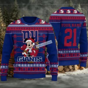 Personalized New York Giants Mickey Mouse Santa Ugly Christmas Sweater Red Blue Ladies