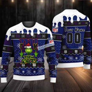 Personalized New York Giants The Grinch Ugly Sweater Xmas Blue