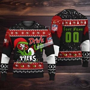 Personalized San Francisco 49Ers Grinch Drink Up Ugly Christmas Sweater Black Red Cheap