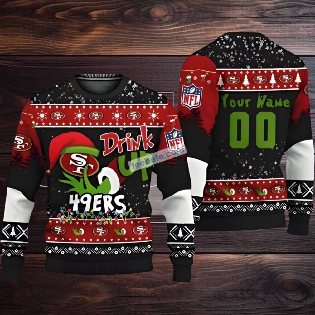Personalized San Francisco 49Ers Grinch Drink Up Ugly Christmas Sweater Black Red Cheap Personalized San Francisco 49Ers Grinch Drink Up Ugly Christmas Sweater Black Red Cheap