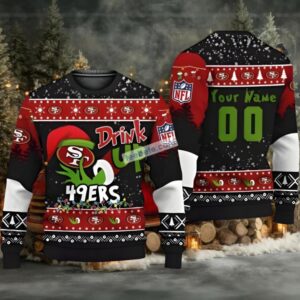 Personalized San Francisco 49Ers Grinch Drink Up Ugly Christmas Sweater Black Red Cheap