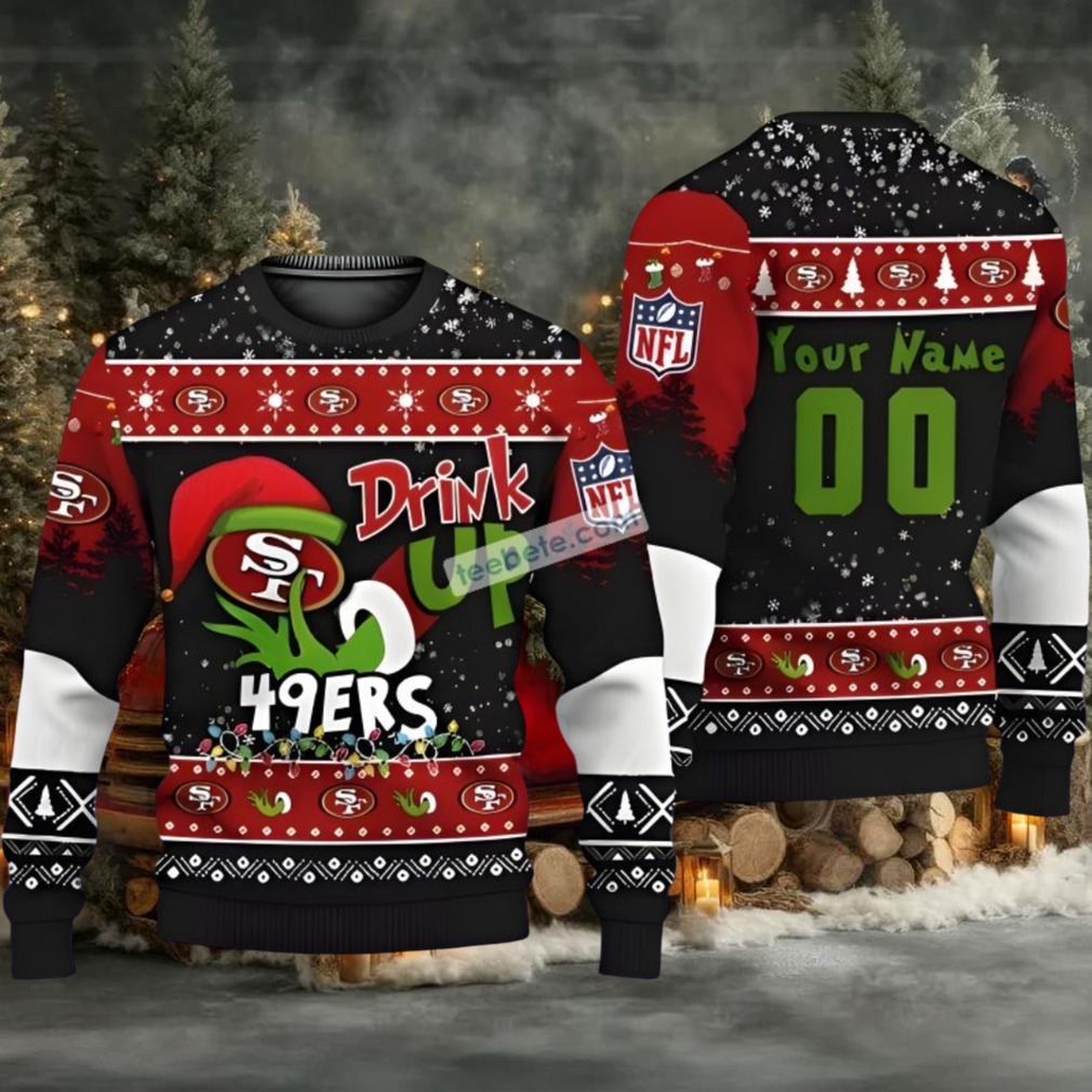 Personalized San Francisco 49Ers Grinch Drink Up Ugly Christmas Sweater Black Red Cheap Personalized San Francisco 49Ers Grinch Drink Up Ugly Christmas Sweater Black Red Cheap