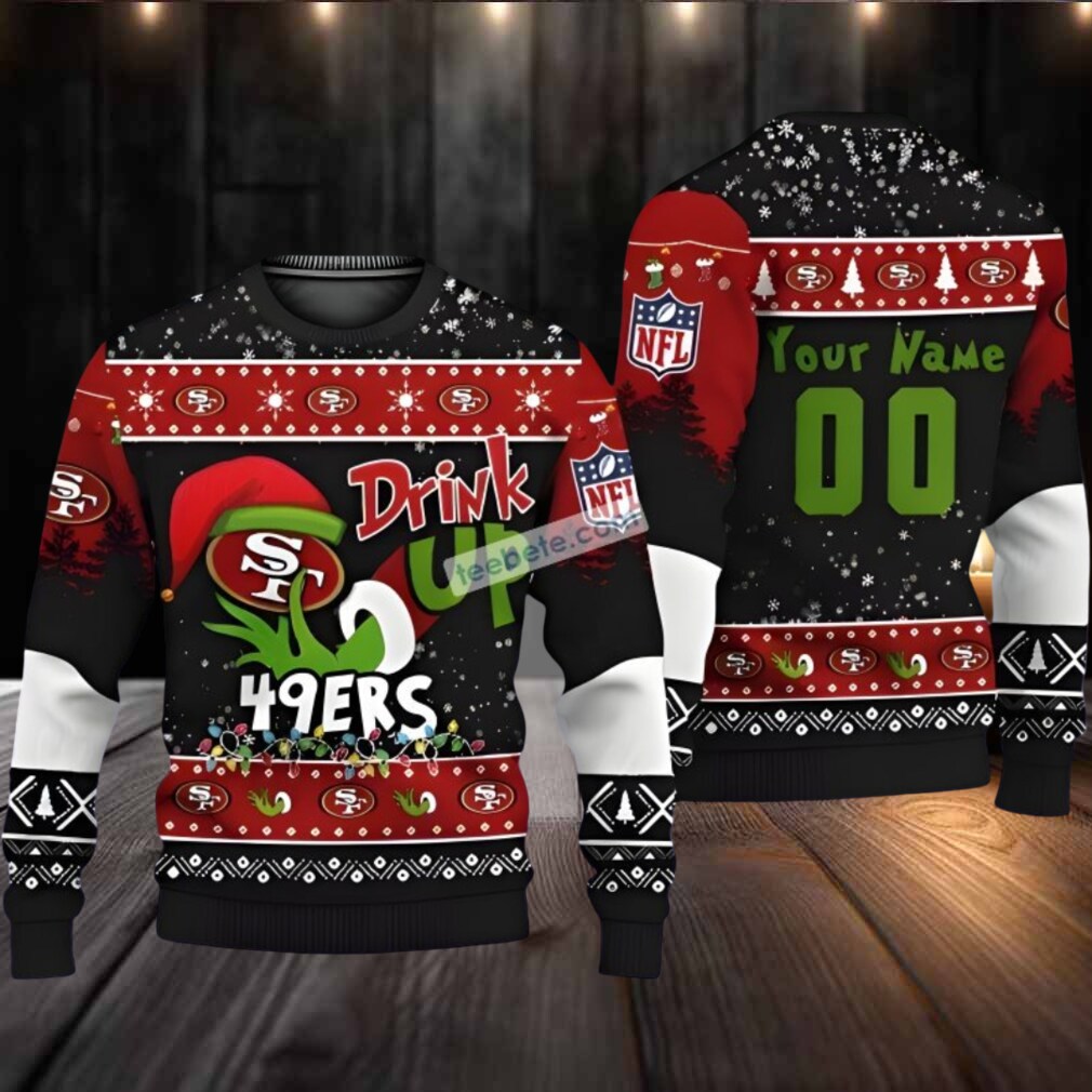 Personalized San Francisco 49Ers Grinch Drink Up Ugly Christmas Sweater Black Red Cheap Personalized San Francisco 49Ers Grinch Drink Up Ugly Christmas Sweater Black Red Cheap