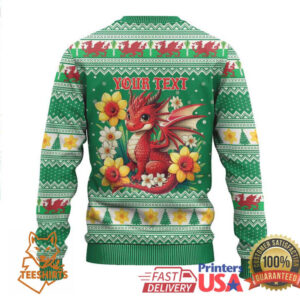 Personalized Wales Christmas Ugly Christmas Sweater Cute Red Welsh Dragon and Daffodils