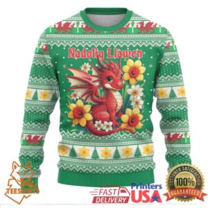 Personalized Wales Christmas Ugly Christmas Sweater Cute Red Welsh Dragon and Daffodils