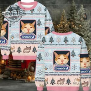 Pink Benadryl Meme Cat Ugly Christmas Sweater Men Women For Sale