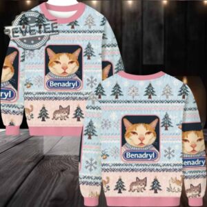 Pink Benadryl Meme Cat Ugly Christmas Sweater Men Women For Sale