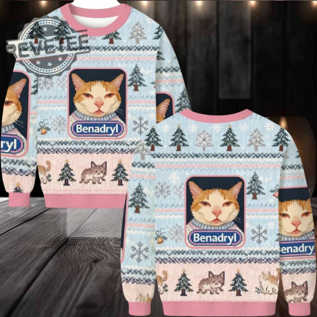 Pink Benadryl Meme Cat Ugly Christmas Sweater Men Women For Sale Pink Benadryl Meme Cat Ugly Christmas Sweater Men Women For Sale
